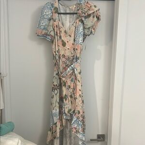 Blue and Cream High Low Wrap Sundress with Puff Sleeves